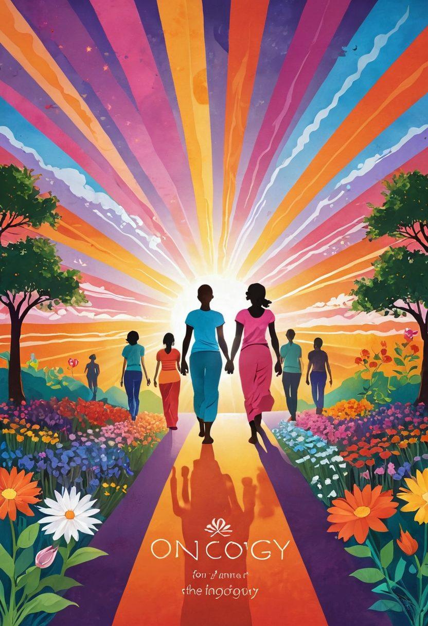 A powerful illustration depicting a journey of empowerment in oncology - a diverse group of patients in vibrant colors, standing tall on a path that represents their journey from diagnosis to survival, surrounded by symbols of hope like blooming flowers and sun rays. Incorporate elements of wellness such as yoga mats and healthy food, with a background showing a supportive community. super-realistic. vibrant colors. light-filled.
