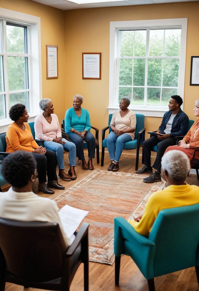 An uplifting scene depicting a diverse group of individuals gathered in a cozy community center, sharing stories and support during a cancer support group meeting. Include warm lighting, comforting chairs, and a bulletin board with resource flyers in the background. Emphasize a sense of unity and hope with soft expressions and gentle interactions. Consider bright, inviting colors to evoke feelings of warmth and encouragement. super-realistic. vibrant colors.
